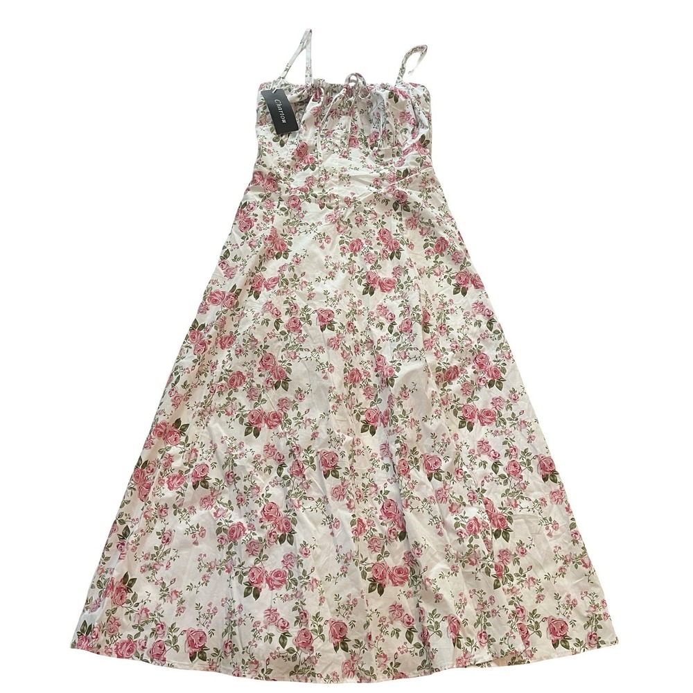 NWT‎ Chartou Women's Size M Dress Ditsy Floral Prairie Sundress White Pink Green